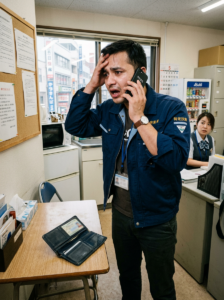 困った顔で電話をするアジア人男性のイメージ